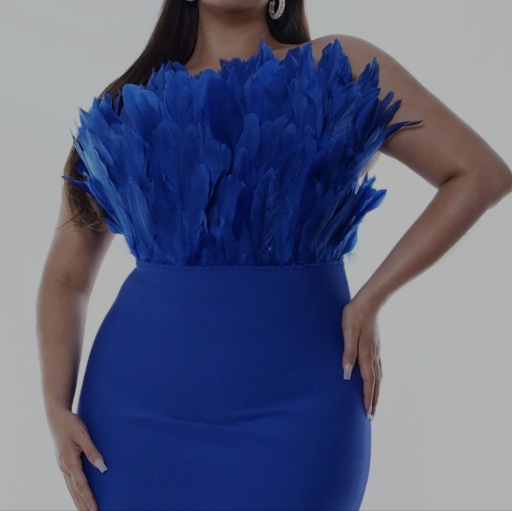 Fashion Nova Elegant Blue Bandage Feathered Dress